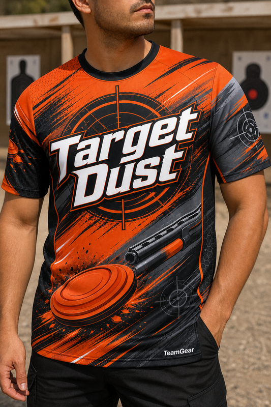 Target Dust Orange Shooting Jersey — custom shooting jersey worn on model — TeamGear Canada