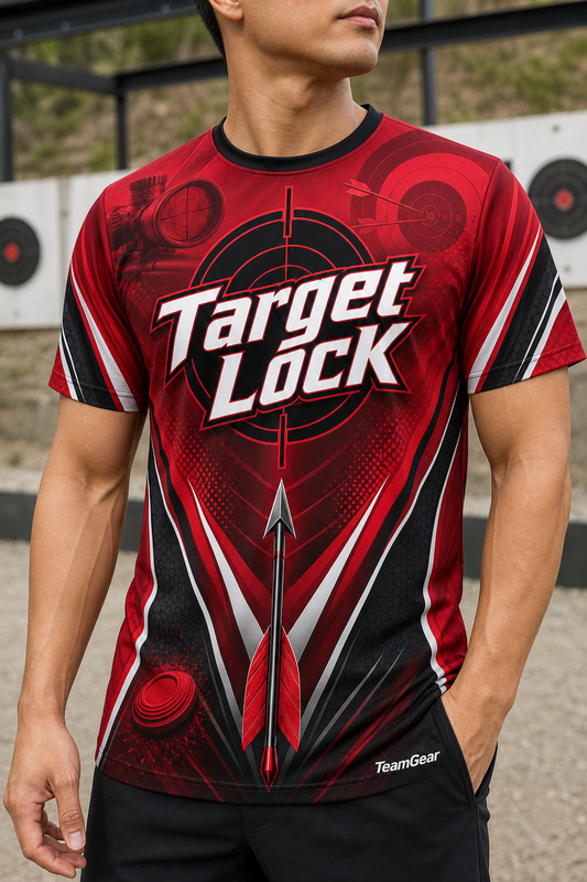 Target Lock Crimson Shooting Jersey — custom shooting jersey worn on model — TeamGear Canada