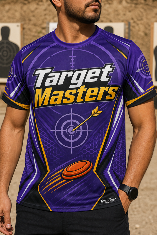 Target Masters Purple Shooting Jersey — custom shooting jersey worn on model — TeamGear Canada