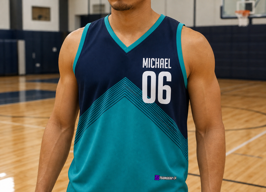 Teal Striped Basketball Jersey — custom basketball jersey worn on model — TeamGear Canada