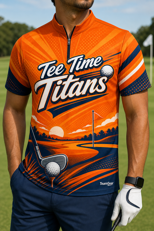 Tee Time Titans Orange Golf Polo — custom golf team apparel worn on model — TeamGear Canada