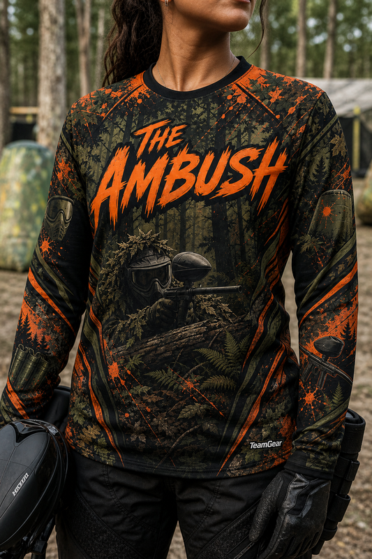 The Ambush Orange Long Sleeve Paintball Jersey — custom paintball jersey worn on model — TeamGear Canada