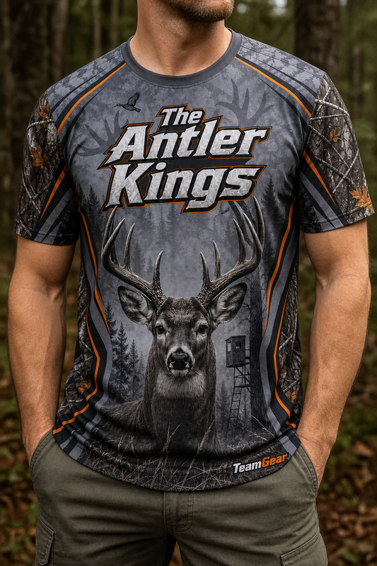 The Antler Kings Grey Hunting Jersey — custom hunting jersey worn on model — TeamGear Canada