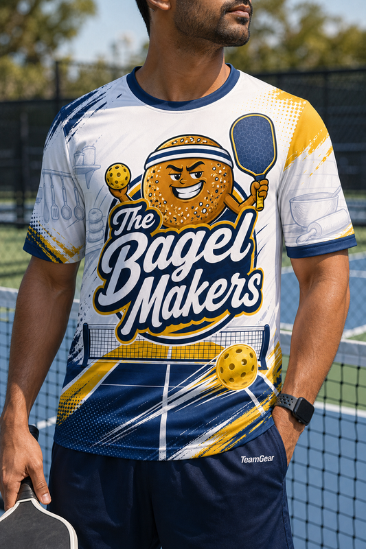 The Bagel Makers White Pickleball Jersey — custom pickleball jersey worn on model — TeamGear Canada