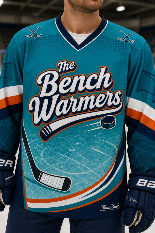 The Bench Warmers Teal Hockey Jersey — custom hockey jersey worn on model — TeamGear Canada