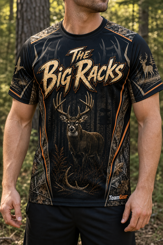 The Big Racks Black Hunting Jersey — custom hunting jersey worn on model — TeamGear Canada