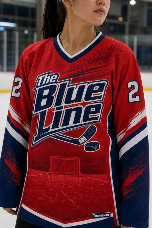 The Blue Line Red Hockey Jersey — custom hockey jersey worn on model — TeamGear Canada