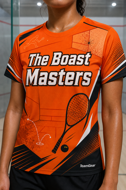 The Boast Masters Orange Squash Jersey — custom squash jersey worn on model — TeamGear Canada