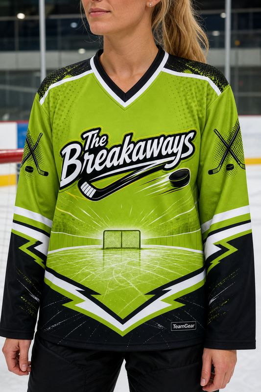 The Breakaways Lime Hockey Jersey — custom hockey jersey worn on model — TeamGear Canada