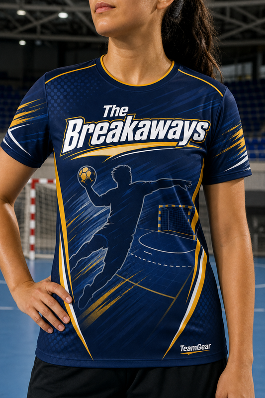 The Breakaways Navy Handball Jersey — custom handball jersey worn on model — TeamGear Canada