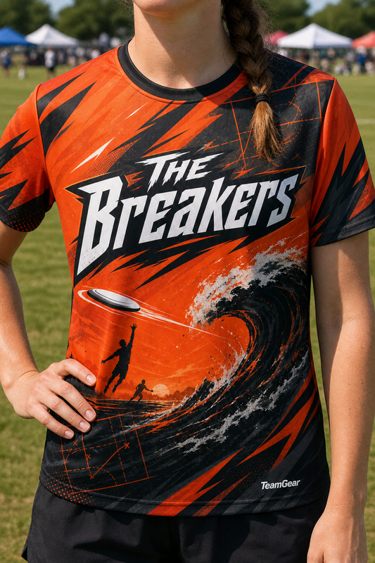 The Breakers Orange Ultimate Frisbee Jersey — custom ultimate frisbee jersey worn on model — TeamGear Canada