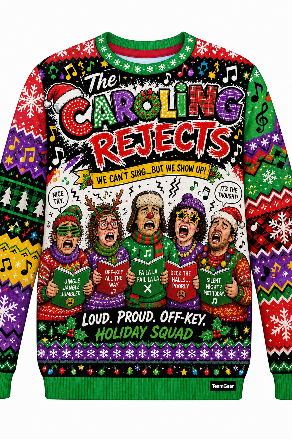 The Caroling Rejects Ugly Christmas Sweater design