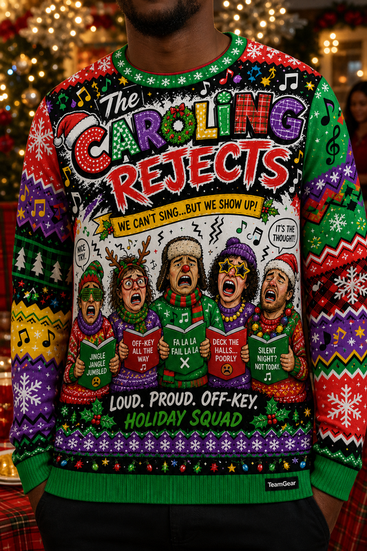 The Caroling Rejects Ugly Christmas Sweater — custom christmas team apparel worn on model — TeamGear Canada