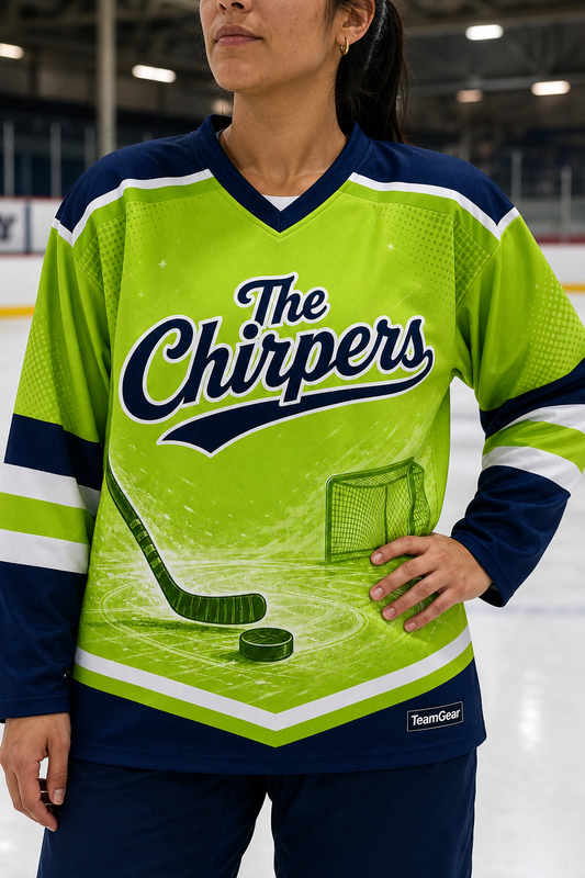 The Chirpers Lime Hockey Jersey — custom hockey jersey worn on model — TeamGear Canada