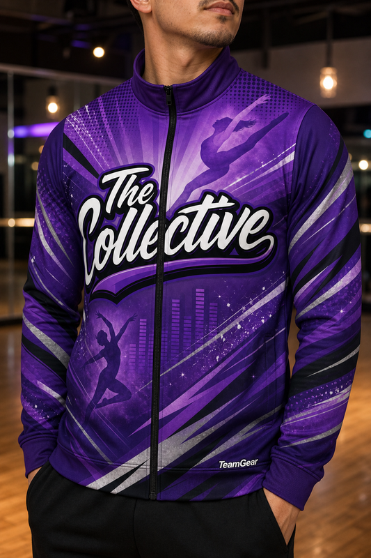 The Collective Purple Dance Jacket — custom dance jacket worn on model — TeamGear Canada