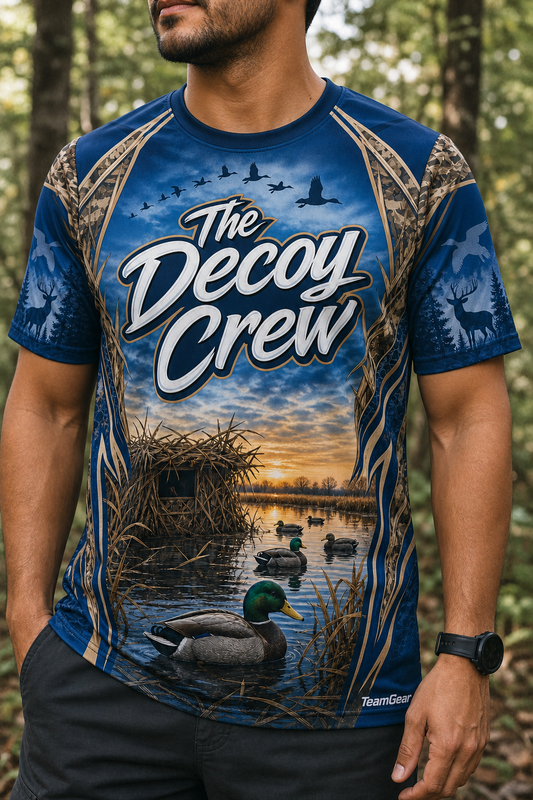 The Decoy Crew Blue Hunting Jersey — custom hunting jersey worn on model — TeamGear Canada