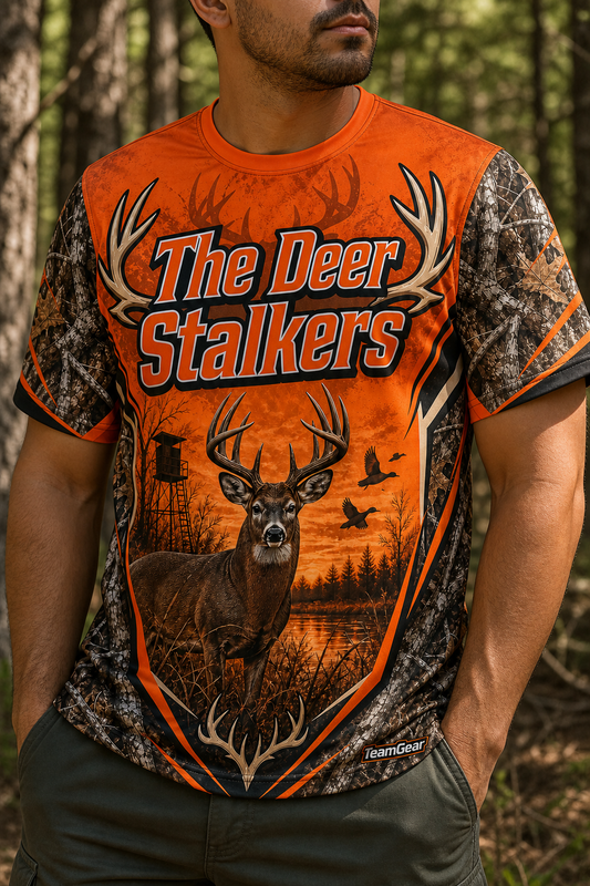 The Deer Stalkers Orange Hunting Jersey — custom hunting jersey worn on model — TeamGear Canada