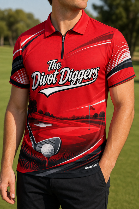 The Divot Diggers Red Golf Polo — custom golf team apparel worn on model — TeamGear Canada