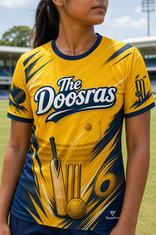 The Doosras Gold Cricket Jersey — custom cricket jersey worn on model — TeamGear Canada