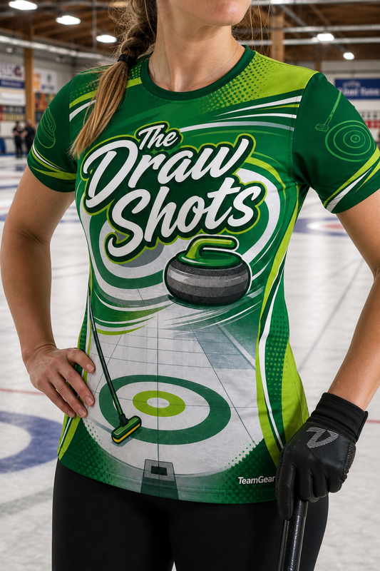 The Draw Shots Green Curling Jersey — custom curling jersey worn on model — TeamGear Canada