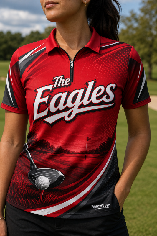 The Eagles Red Golf Polo — custom golf team apparel worn on model — TeamGear Canada