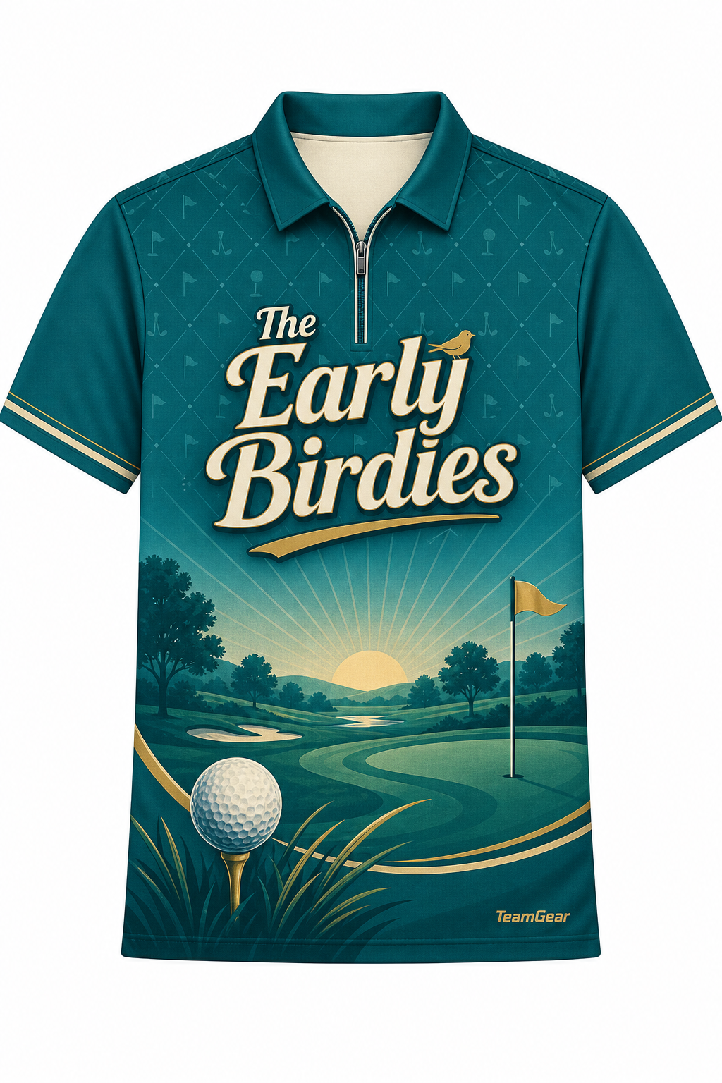The Early Birdies Teal Golf Polo design