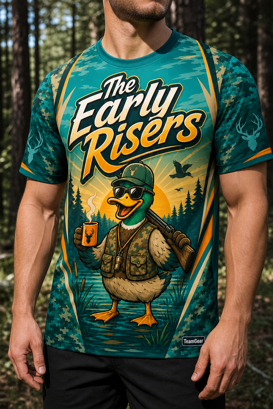 The Early Risers Teal Hunting Jersey — custom hunting jersey worn on model — TeamGear Canada