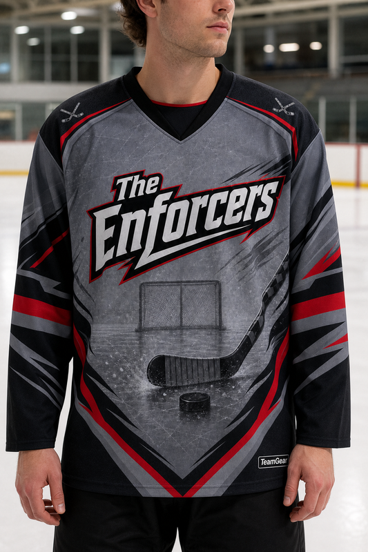 The Enforcers Grey Hockey Jersey — custom hockey jersey worn on model — TeamGear Canada