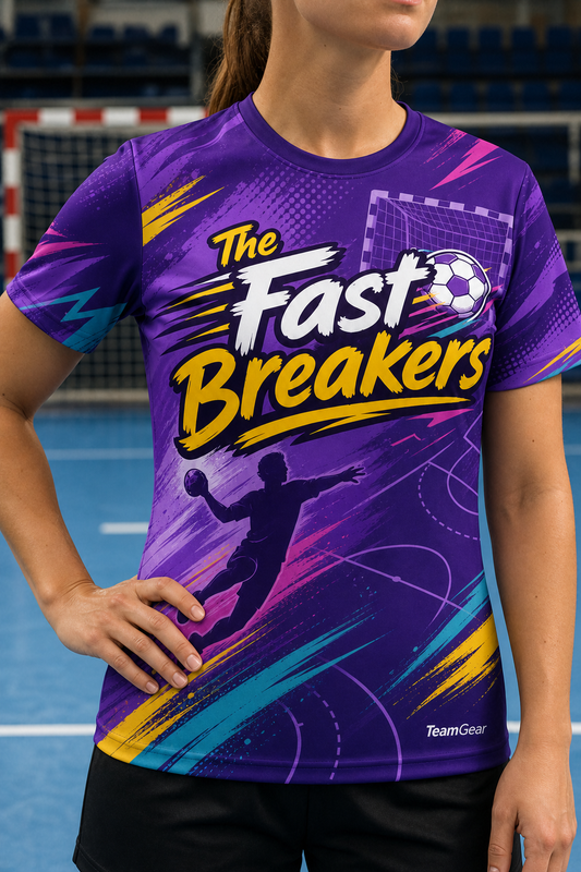 The Fast Breakers Purple Handball Jersey — custom handball jersey worn on model — TeamGear Canada