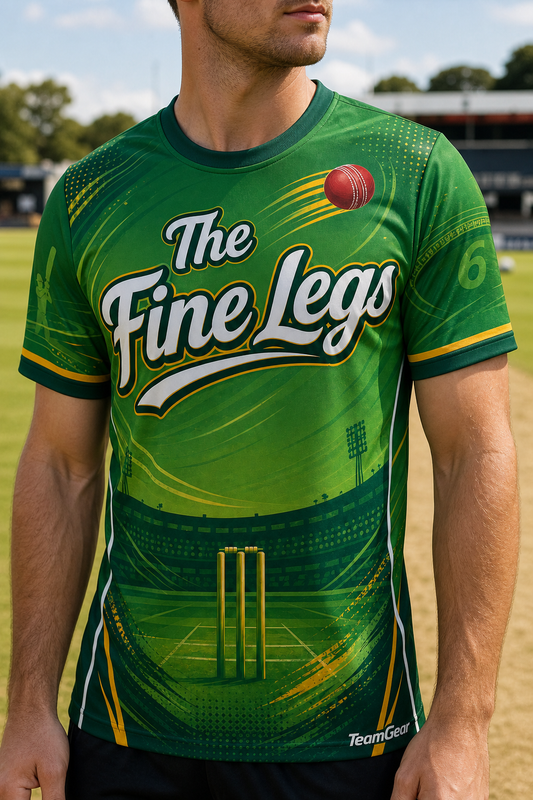 The Fine Legs Green Cricket Jersey — custom cricket jersey worn on model — TeamGear Canada