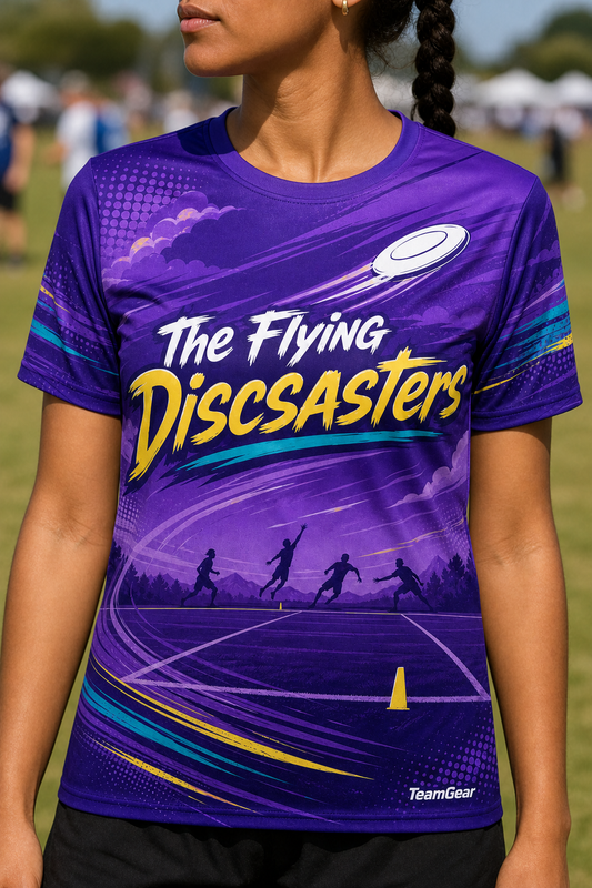 The Flying Discsasters Purple Ultimate Frisbee Jersey — custom ultimate frisbee jersey worn on model — TeamGear Canada