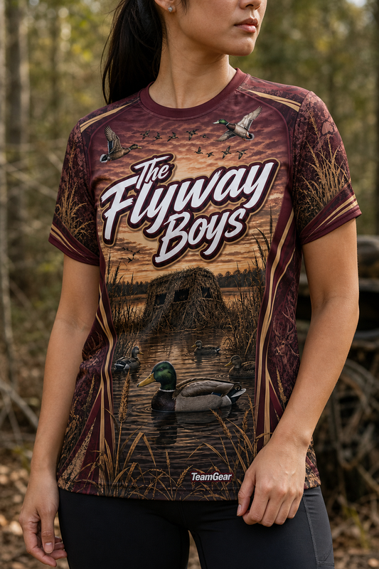The Flyway Boys Maroon Hunting Jersey — custom hunting jersey worn on model — TeamGear Canada