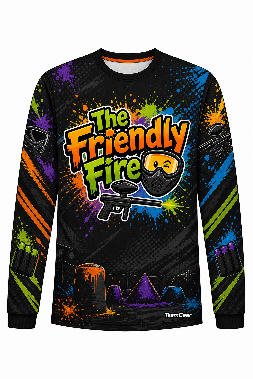 The Friendly Fire Black Long Sleeve Paintball Jersey design