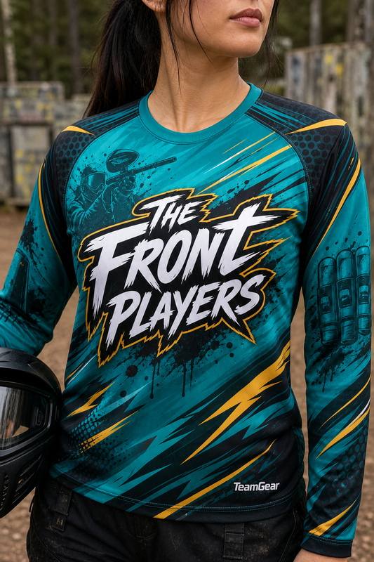 The Front Players Teal Long Sleeve Paintball Jersey — custom paintball jersey worn on model — TeamGear Canada