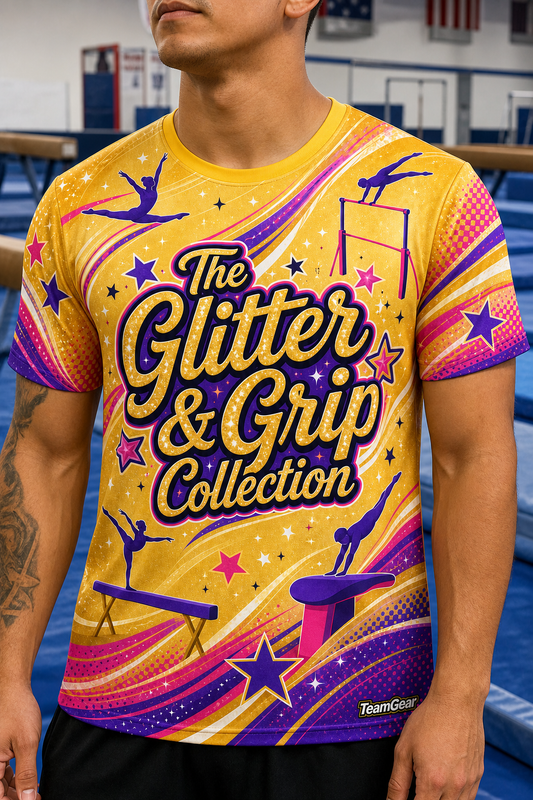 The Glitter & Grip Collection Gold Gymnastics Jersey — custom gymnastics jersey worn on model — TeamGear Canada