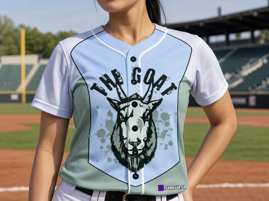 The Goat Baseball Jersey Full Button — custom baseball jersey worn on model — TeamGear Canada