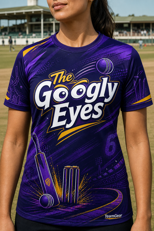 The Googly Eyes Purple Cricket Jersey — custom cricket jersey worn on model — TeamGear Canada