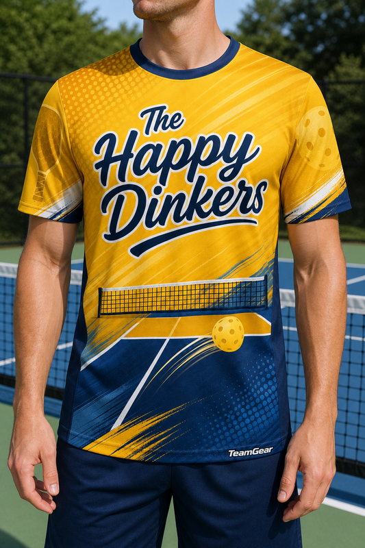 The Happy Dinkers Gold Pickleball Jersey — custom pickleball jersey worn on model — TeamGear Canada