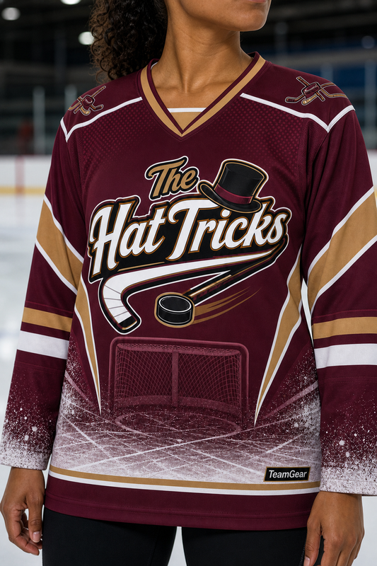 The Hat Tricks Maroon Hockey Jersey — custom hockey jersey worn on model — TeamGear Canada