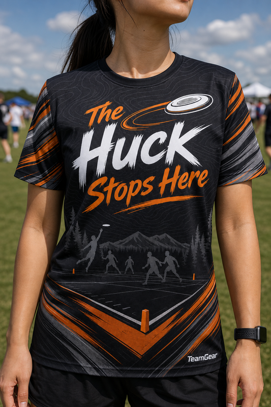 The Huck Stops Here Black Ultimate Frisbee Jersey — custom ultimate frisbee jersey worn on model — TeamGear Canada