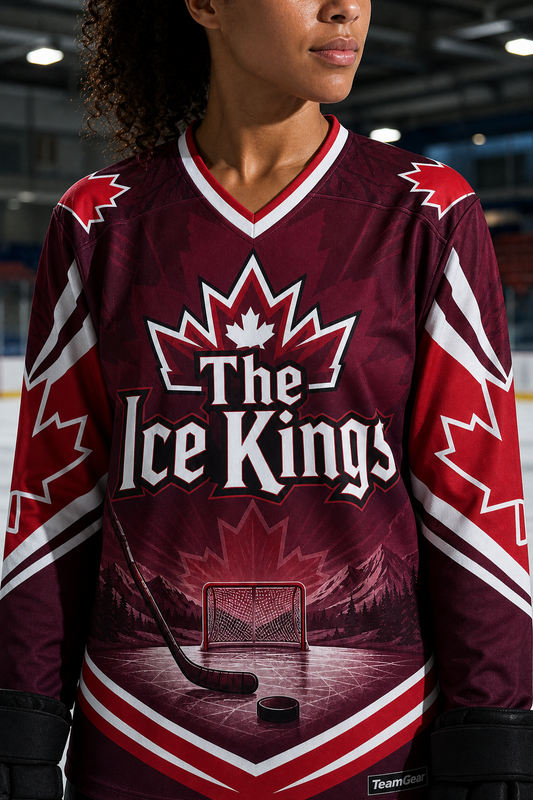 The Ice Kings Maroon Hockey Jersey — custom hockey jersey worn on model — TeamGear Canada