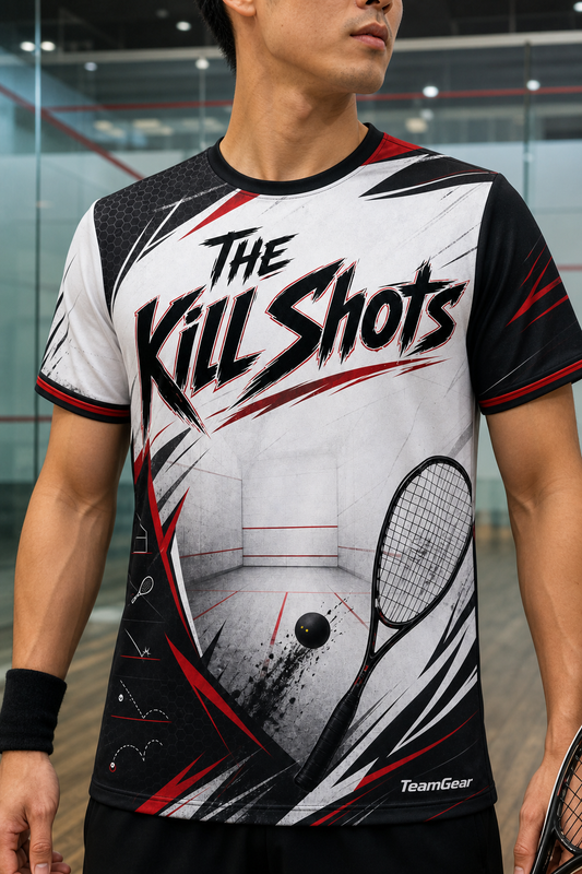 The Kill Shots White Squash Jersey — custom squash jersey worn on model — TeamGear Canada