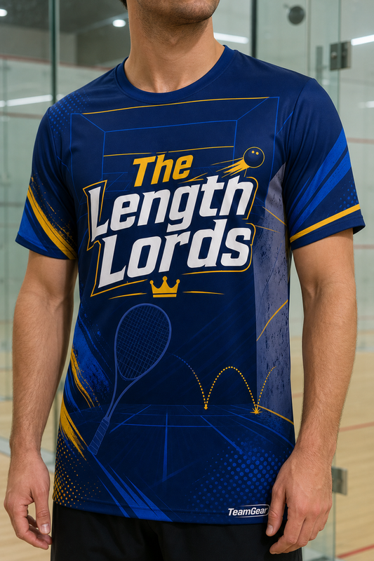 The Length Lords Blue Squash Jersey — custom squash jersey worn on model — TeamGear Canada