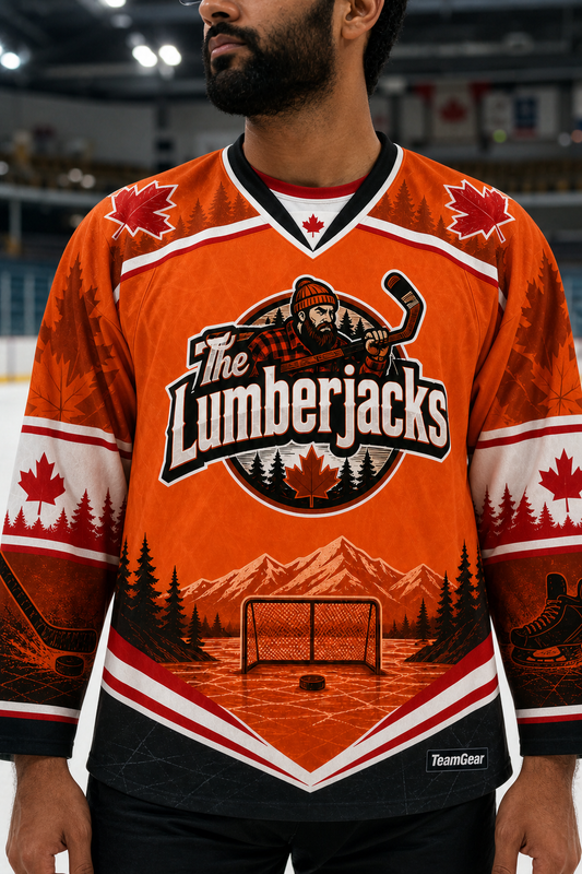 The Lumberjacks Orange Hockey Jersey — custom hockey jersey worn on model — TeamGear Canada