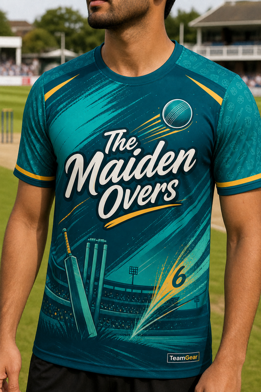 The Maiden Overs Teal Cricket Jersey — custom cricket jersey worn on model — TeamGear Canada