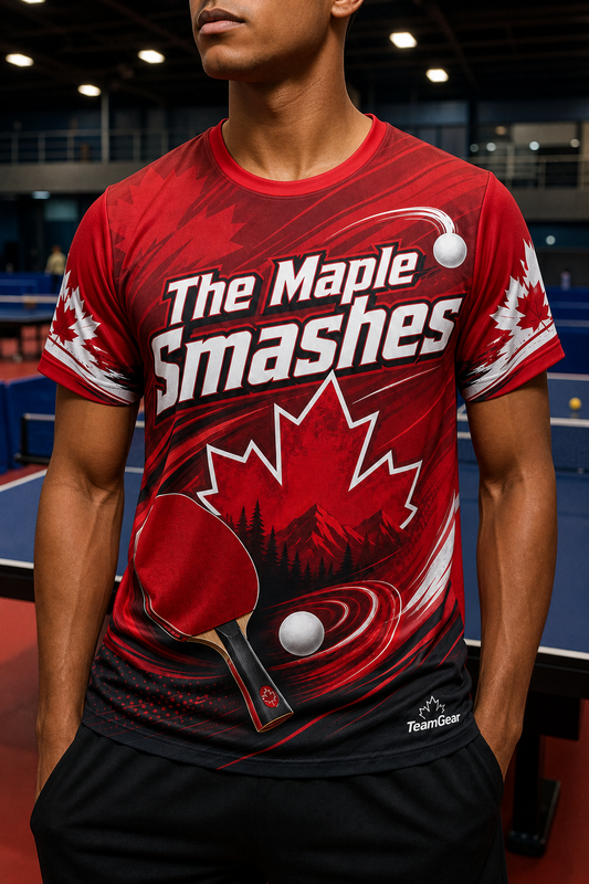 The Maple Smashes Crimson Table Tennis Jersey — custom table tennis jersey worn on model — TeamGear Canada