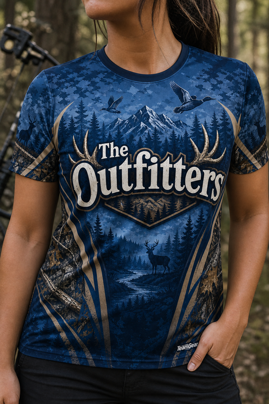 The Outfitters Blue Hunting Jersey — custom hunting jersey worn on model — TeamGear Canada