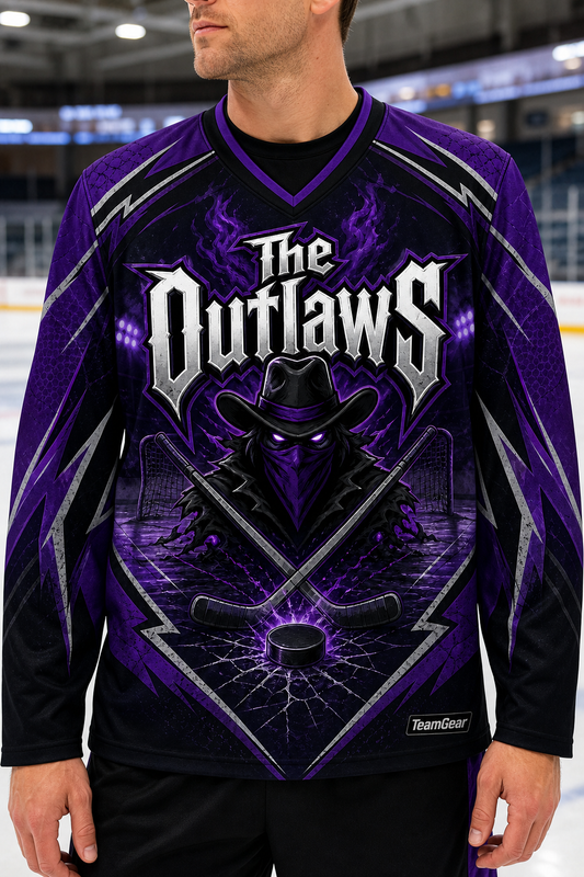 The Outlaws Purple Hockey Jersey — custom hockey jersey worn on model — TeamGear Canada