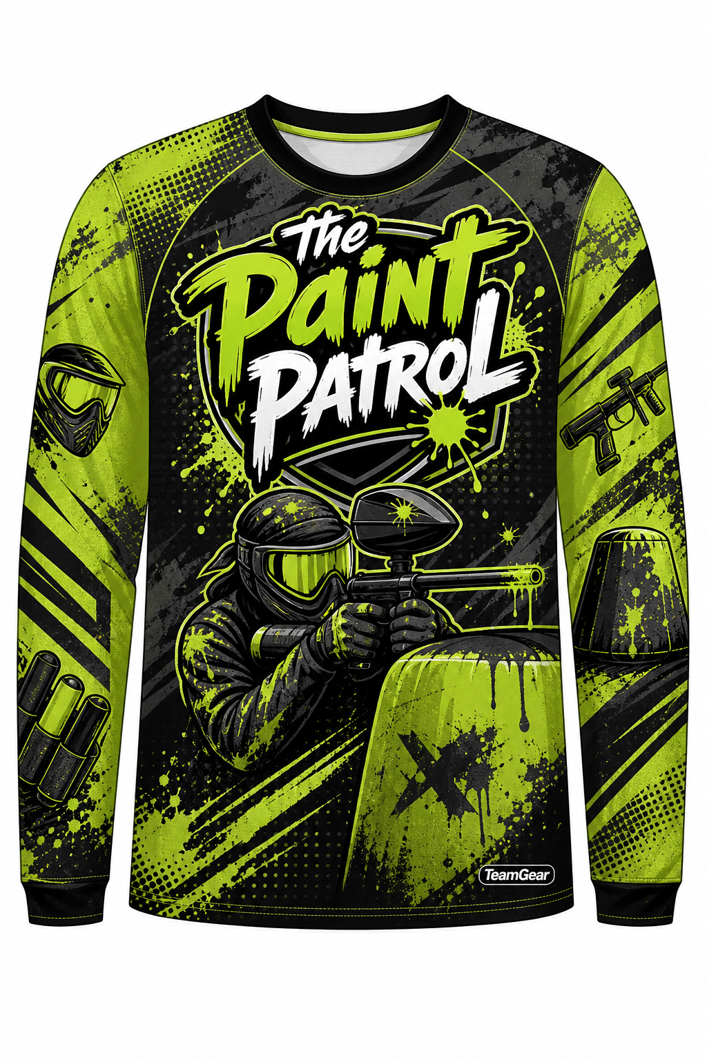 The Paint Patrol Lime Long Sleeve Paintball Jersey design