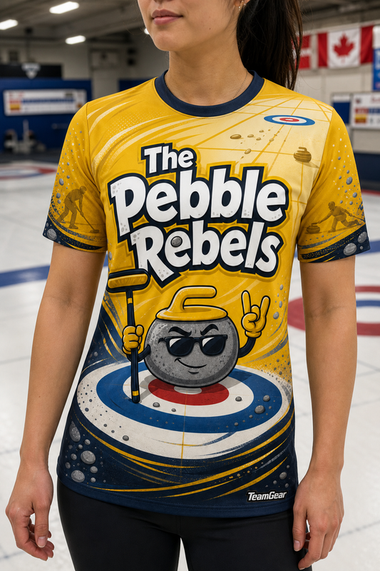 The Pebble Rebels Gold Curling Jersey — custom curling jersey worn on model — TeamGear Canada